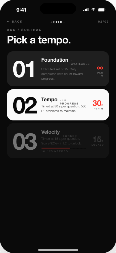 Rith app — Level select